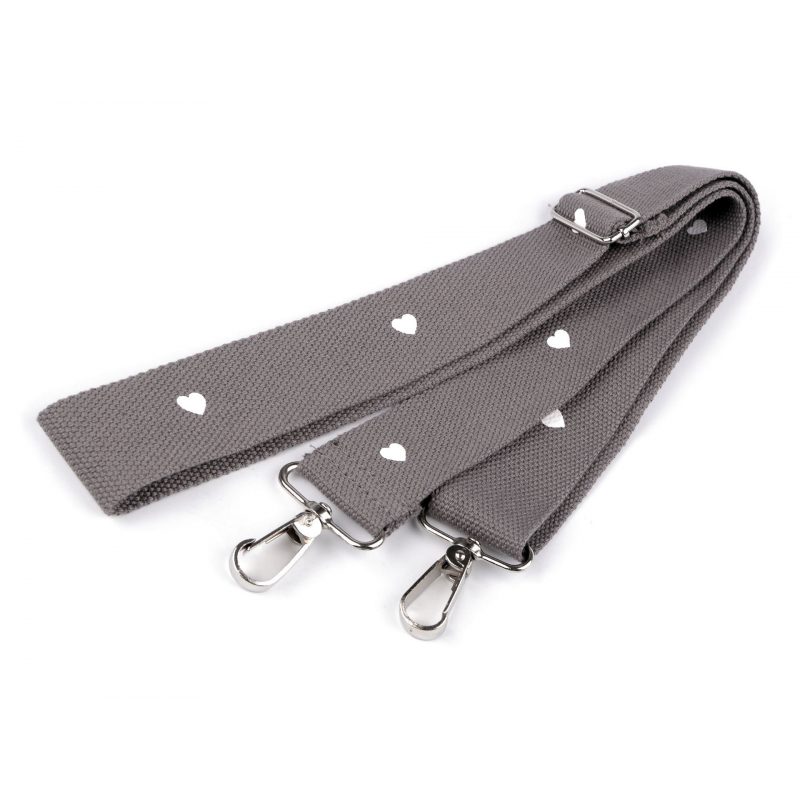 Textil táskapánt fém karabínerrel 3.8cm - 21 Szürke fehér szívvel - állítható 79 - 142 cm